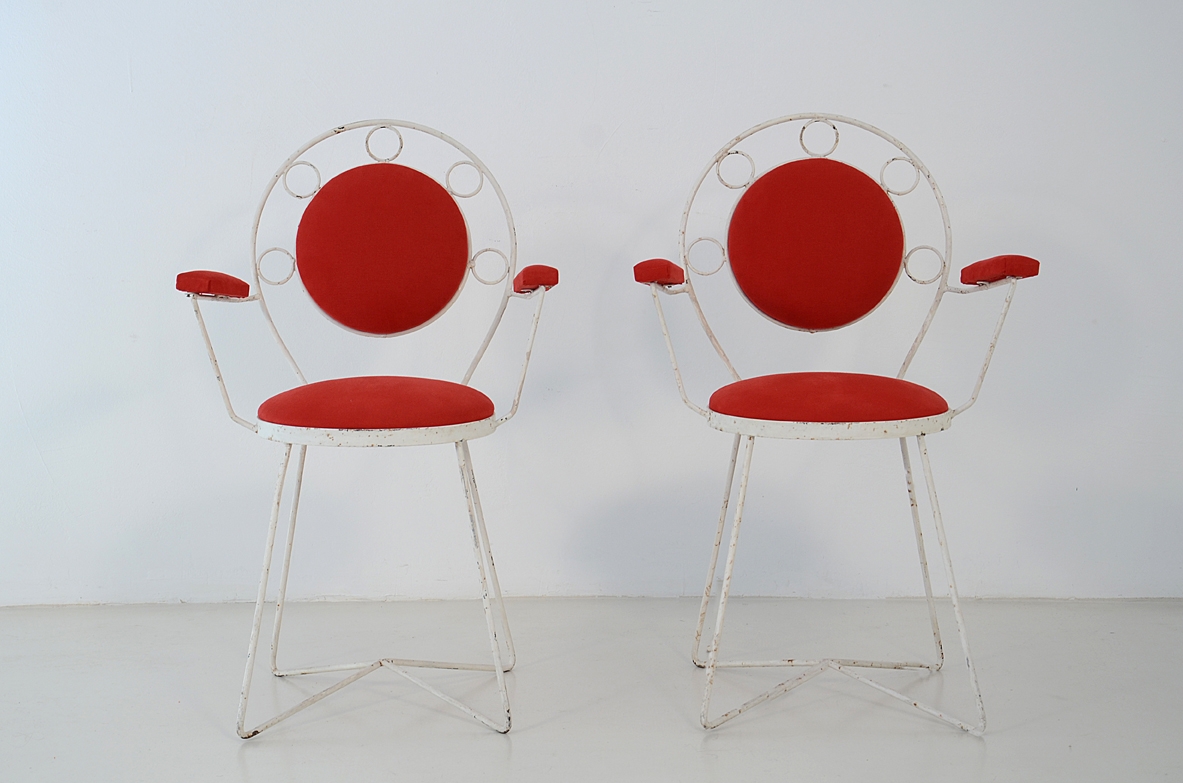 Pair of garden chair upholstered in a red cotton