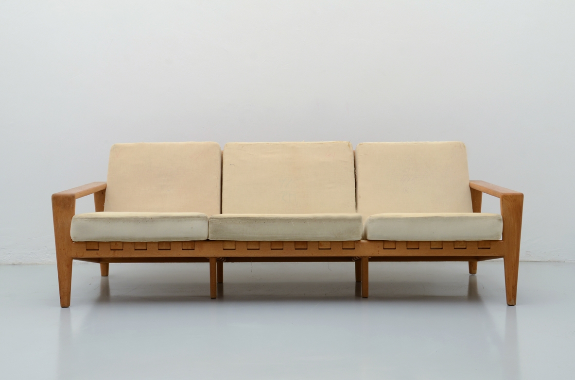 Svante Skogh, 1950's modernist three seats sofa in oak with original leather seat and back structure in perfect condition.