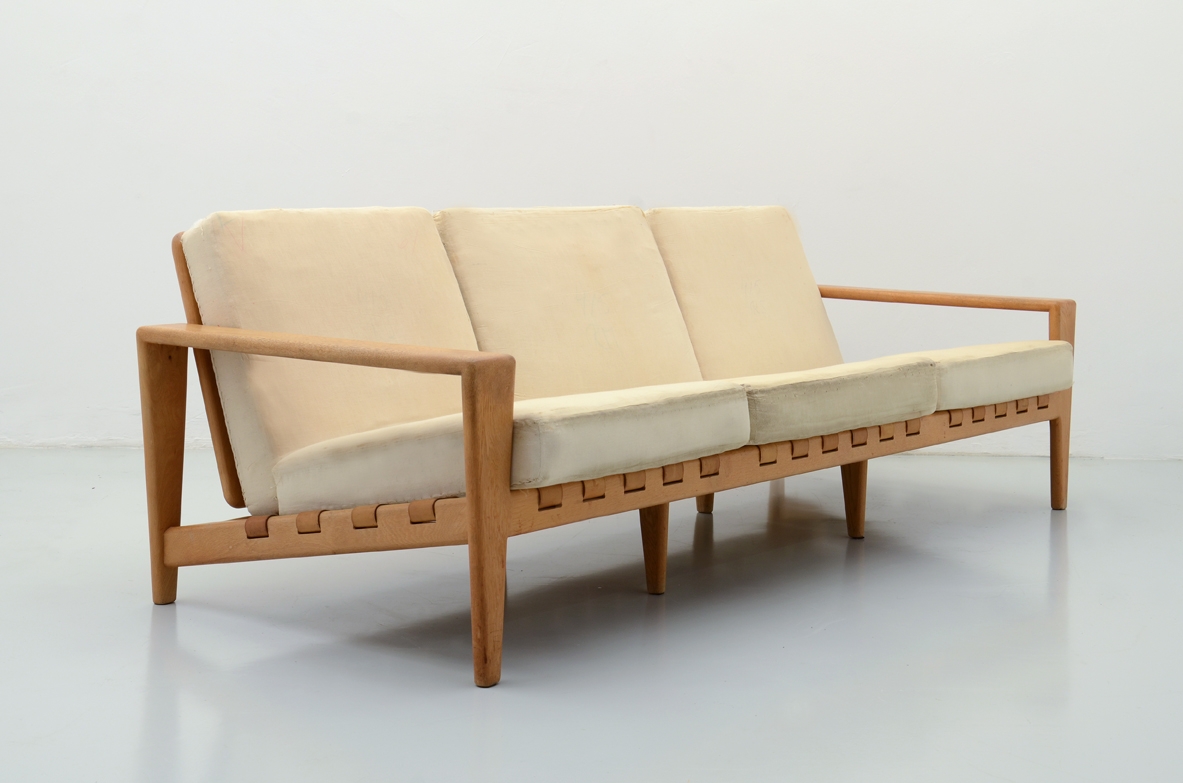 Svante Skogh, 1950's modernist three seats sofa in oak with original leather seat and back structure in perfect condition.