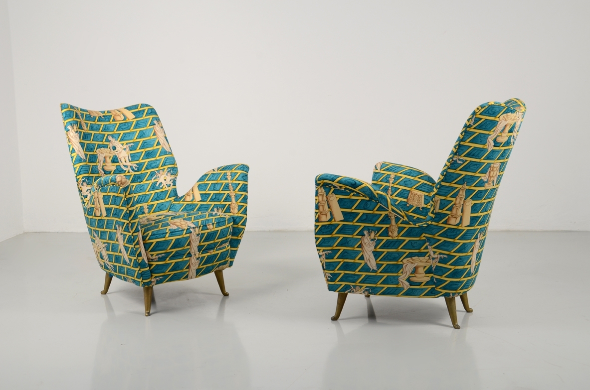 Paolo Buffa, pair of 1950's beautiful armchairs with original fabric designed by Gio Ponti, prod.Isa.