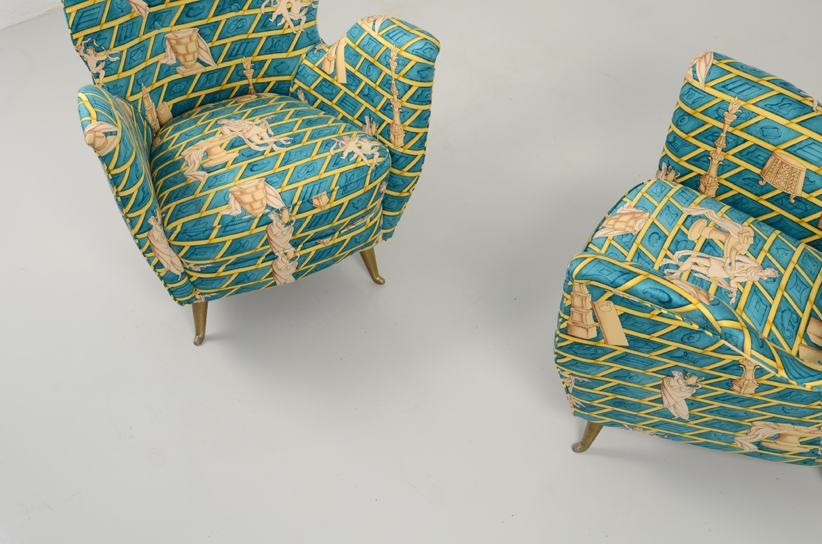 Paolo Buffa, pair of 1950's beautiful armchairs with original fabric designed by Gio Ponti, prod.Isa.