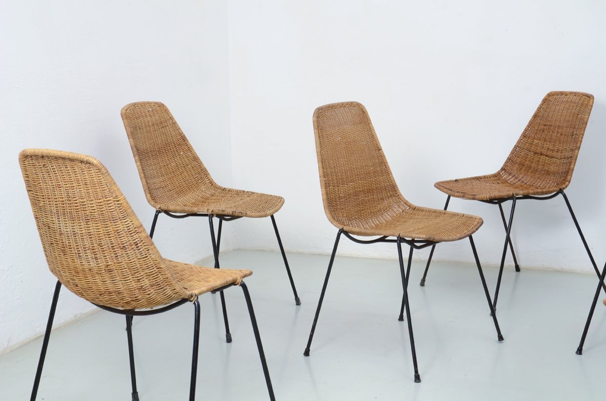 Gianfranco Legler, Italian rare set of chairs with metal base and rattan seat, designed in 1951.