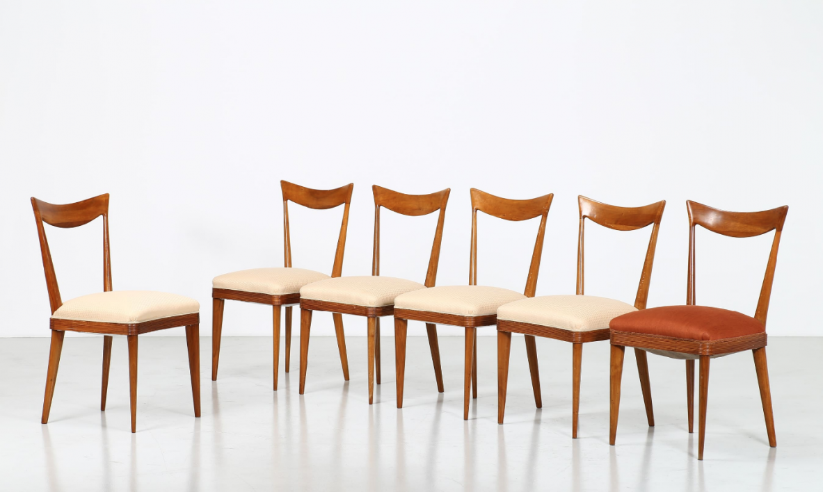 Group of six chairs in walnut wood with upholstered fabric seat