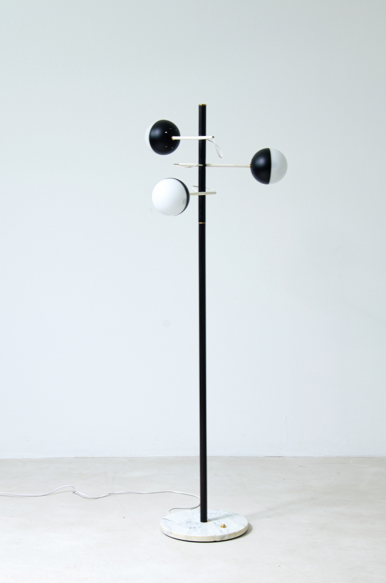 Stilux Milano, early 1960's floor lamp with painted metal stem and three bulb lights in glass and metal.