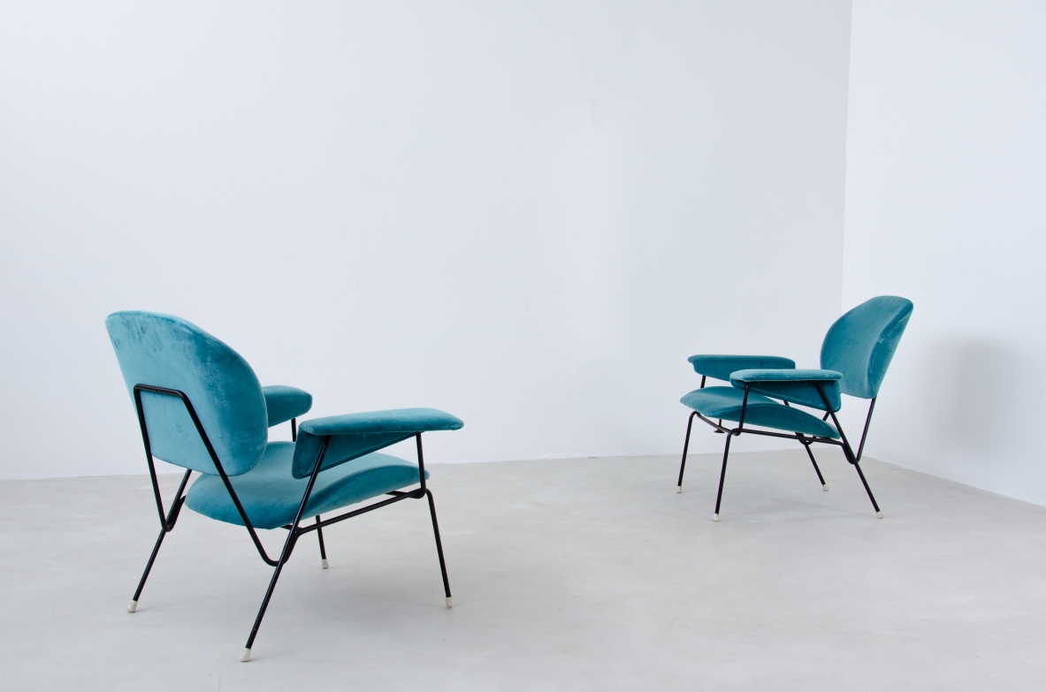 Augusto Bozzi, pair of armchairs with iron structure and upholstered fabric.  Saporiti Italia, 1960's.  Public Domus 388. 1963.