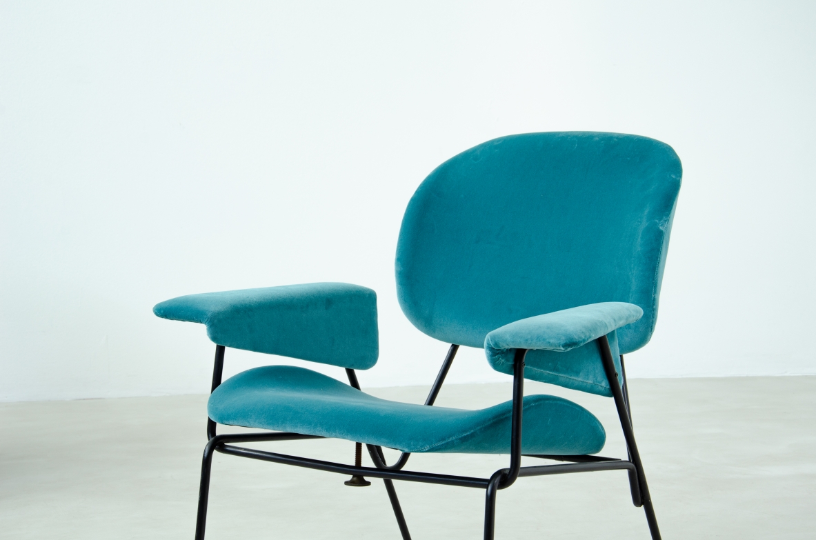 Augusto Bozzi, pair of armchairs with iron structure and upholstered fabric.  Saporiti Italia, 1960's.  Public Domus 388. 1963.