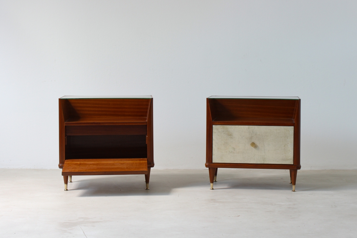 Paolo Buffa (1903 - 1970)  Pair of bedside tables with parchment front, cut crystal top and brass tips, one drawer inside.  Italian manufacture, around 1950.