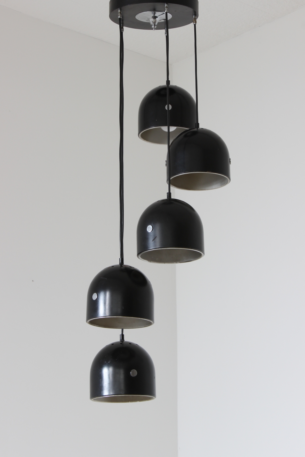Ceiling lamp with 5 metal shades.  Italian manufacture, 1960's.