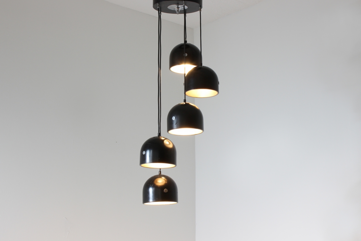 Ceiling lamp with 5 metal shades.  Italian manufacture, 1960's.