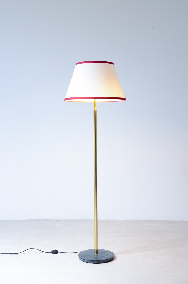 Brass floor lamp with marble base and fabric hat.  Stilnovo manufacture around 1950.