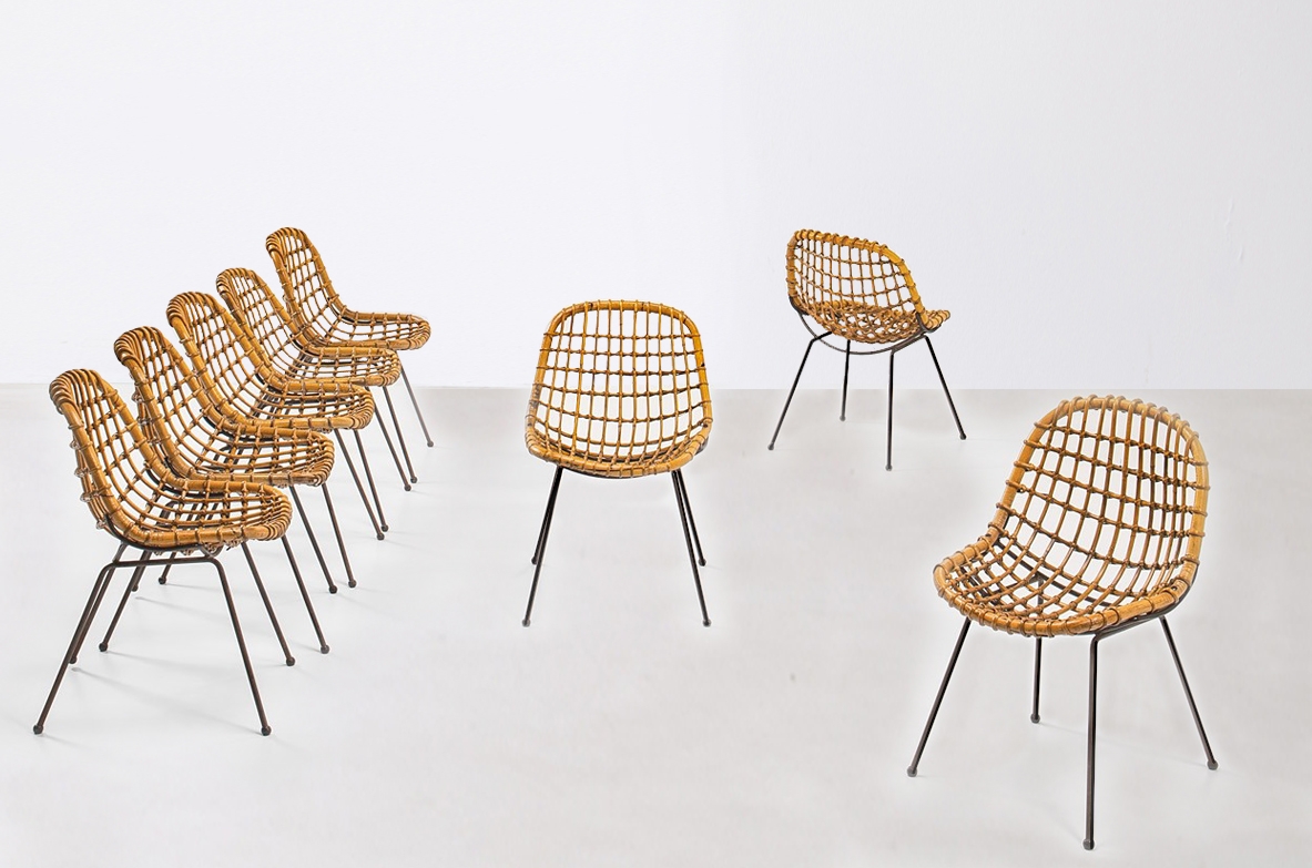 Gian Franco Legler. Set of 8 curved rattan chairs with iron rod structure, 1960's