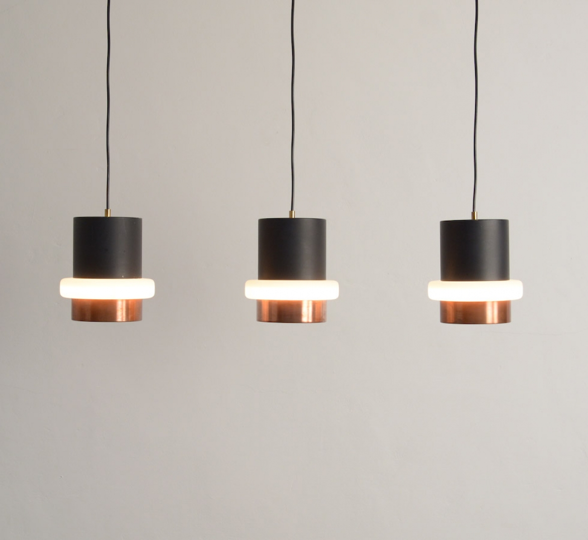 Jo Hammerborg, rare set of 3 ceiling lamps in copper and metal with opaline glass, Fog&Morup, 1960's.