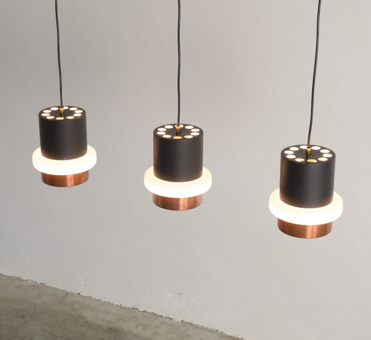 Jo Hammerborg, rare set of 3 ceiling lamps in copper and metal with opaline glass, Fog&Morup, 1960's.