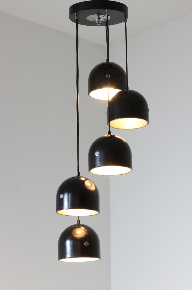 Ceiling lamp with 5 metal shades.  Italian manufacture, 1960's.