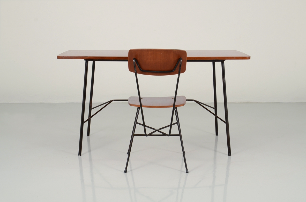 Gastone Rinaldi, 1950's desk in metalwork and mahogany, prod. by Rima.