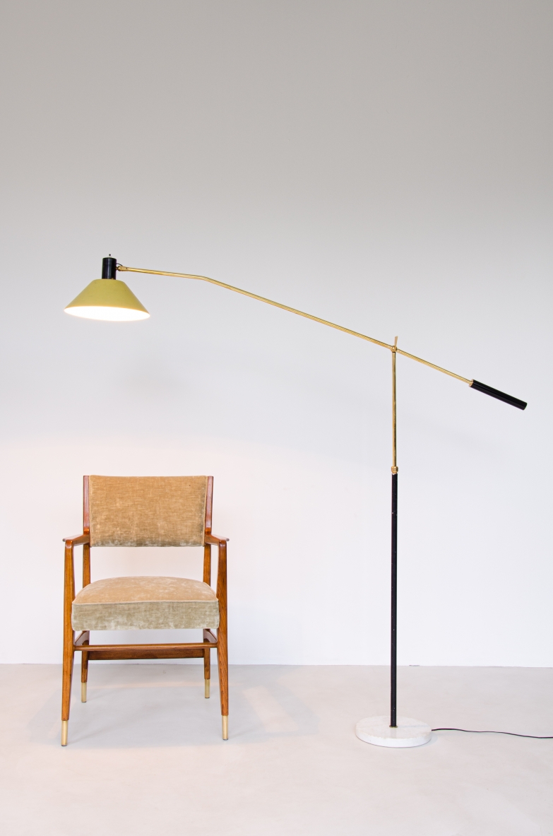 Stilux, adjustable floor lamp with painted metal shade and marble base. Prod.Stilux Milano, 1950's.