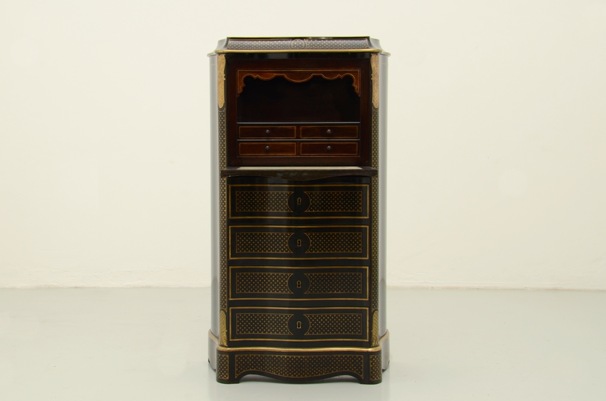 French Napoleon III Secretaire cabinet with beautiful brass inlays with stars, three drawers and a writing shelve with small drawers in ebony wood inside.