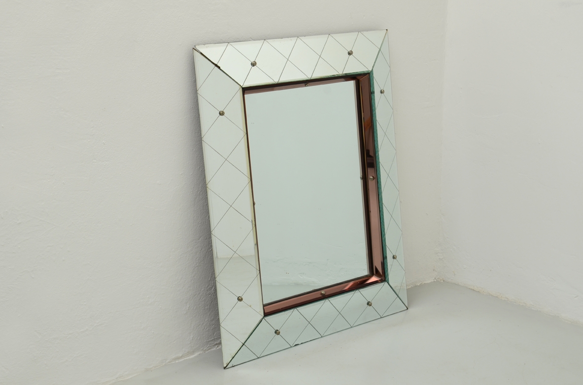 Luigi Fontana (1881-1958)  Elegant glass and beveled mirrored frame with colored glass profiles.  Fontana Arte 1940's manufacture.
