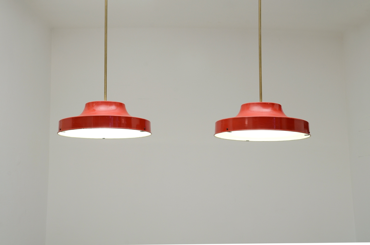 Pair of beautiful red painted metal lamps, Attr. BBPR, Italy 1960's.
