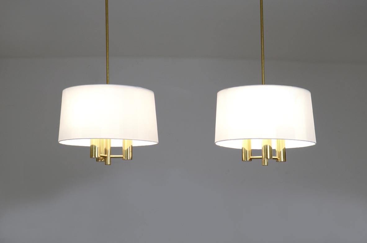 Pair of pendant brass lamp and silk hat, Sweden 1960ca