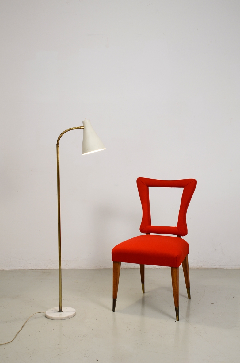 Floor lamp in metal and brass stem with marble base , Italy 1950