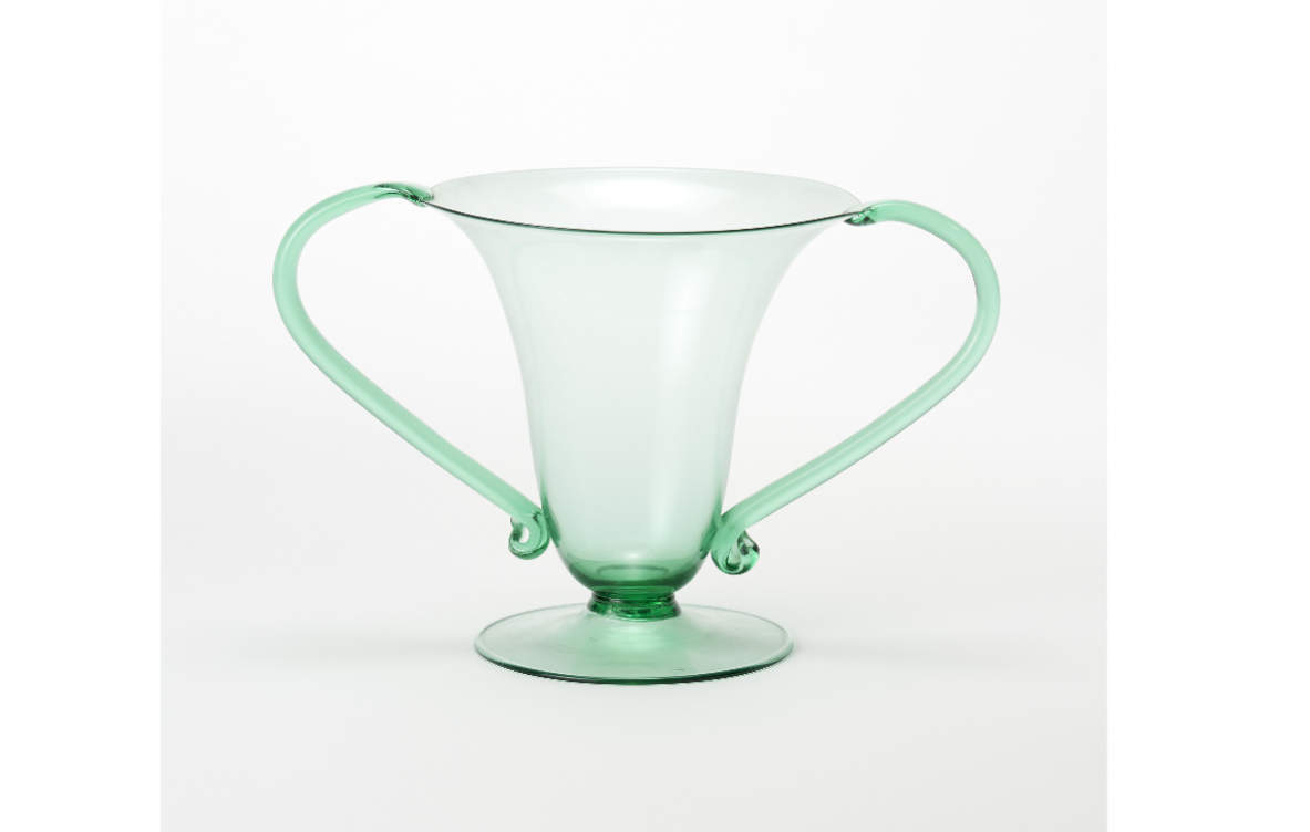 Murano manifacture, vase in translucent light green blown glass inspired by the 