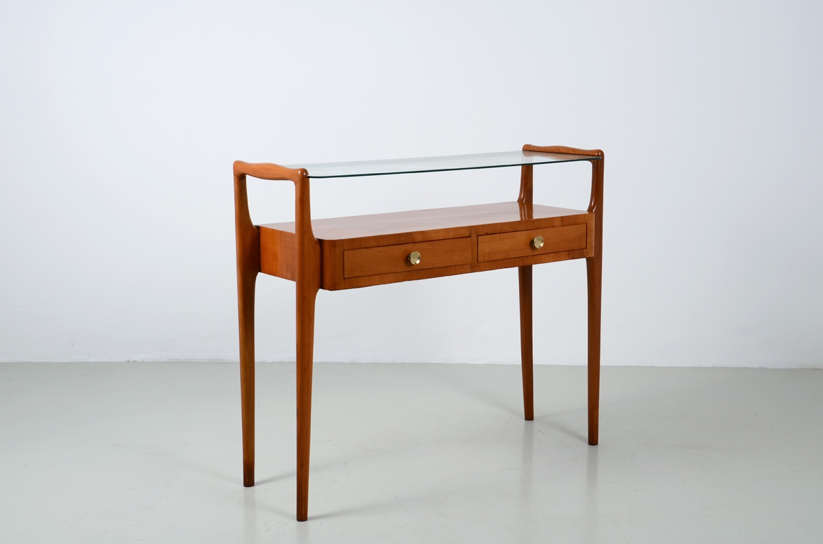 Italian manufacture, cherry wood console with two drawers and glass top.
