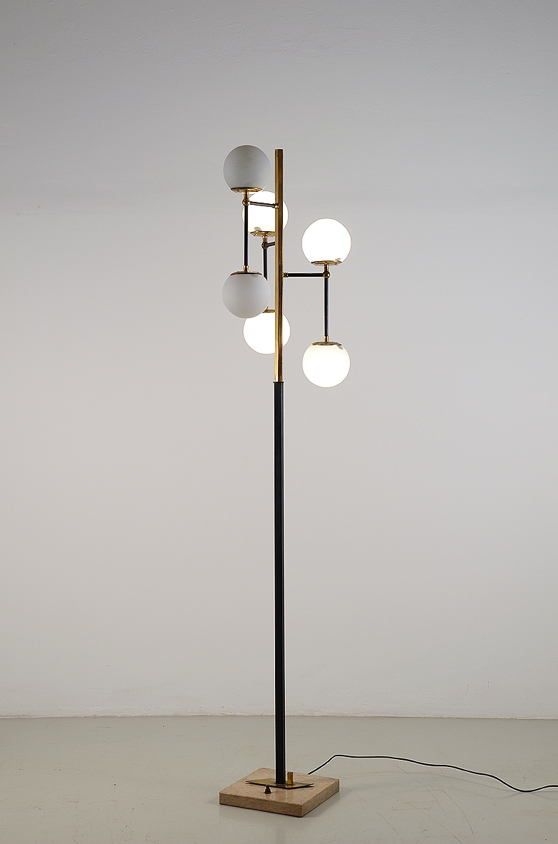Floor lamp with metal structure and six spherical diffusers in opaline glass, 1950s.