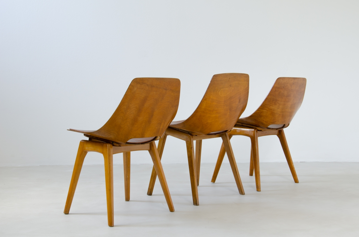 Pierre Gauriche, set di 6 sedute modello Amsterdam in legno curvato. Prod. Steiner, Francia 1950ca.