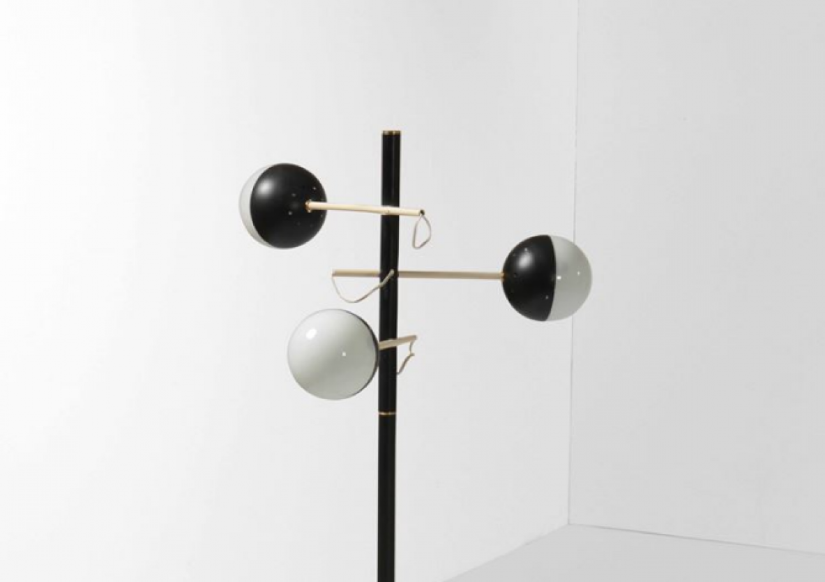 Stilux Milano, early 1960's floor lamp with painted metal stem and three bulb lights in glass and metal.