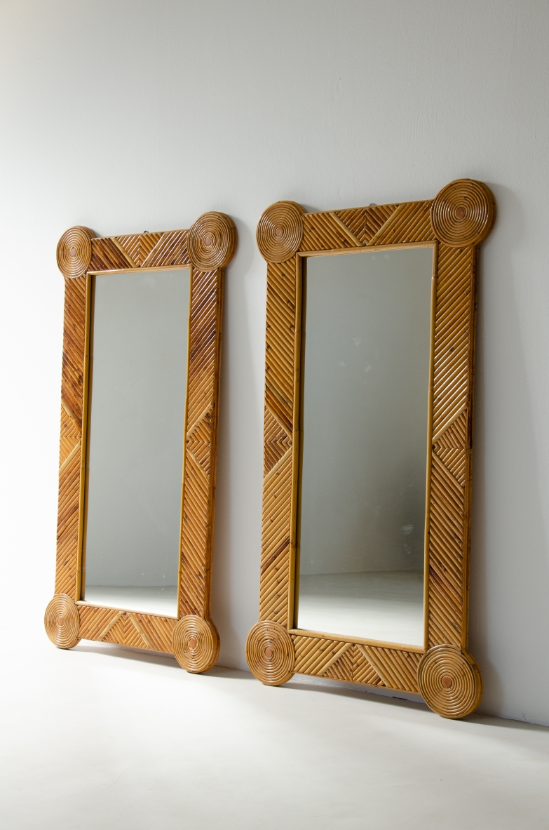 Colin Morrow, pair of large mirrors with rattan frame.1970's.