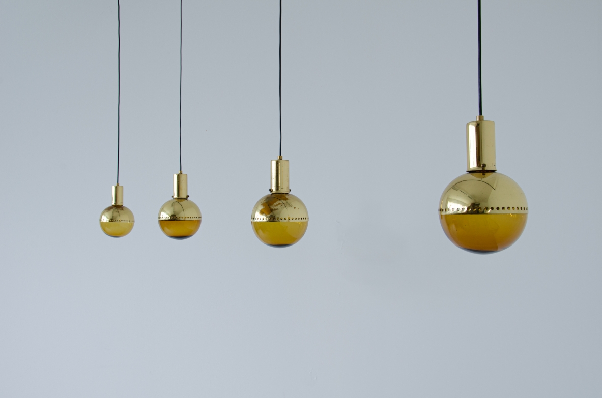 Hans A. Jacobsson, set of four pending lamps in brass and blown glass.  Prod. Haj, Stockholm Sweden, 1960s.