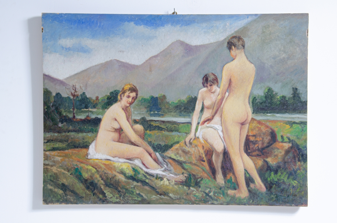Noel Quintavalle (Ferrara 1893 - Alassio 1977)  Three young woman having a bath at the river.   Oil painting on panel, signed and dated 1958.