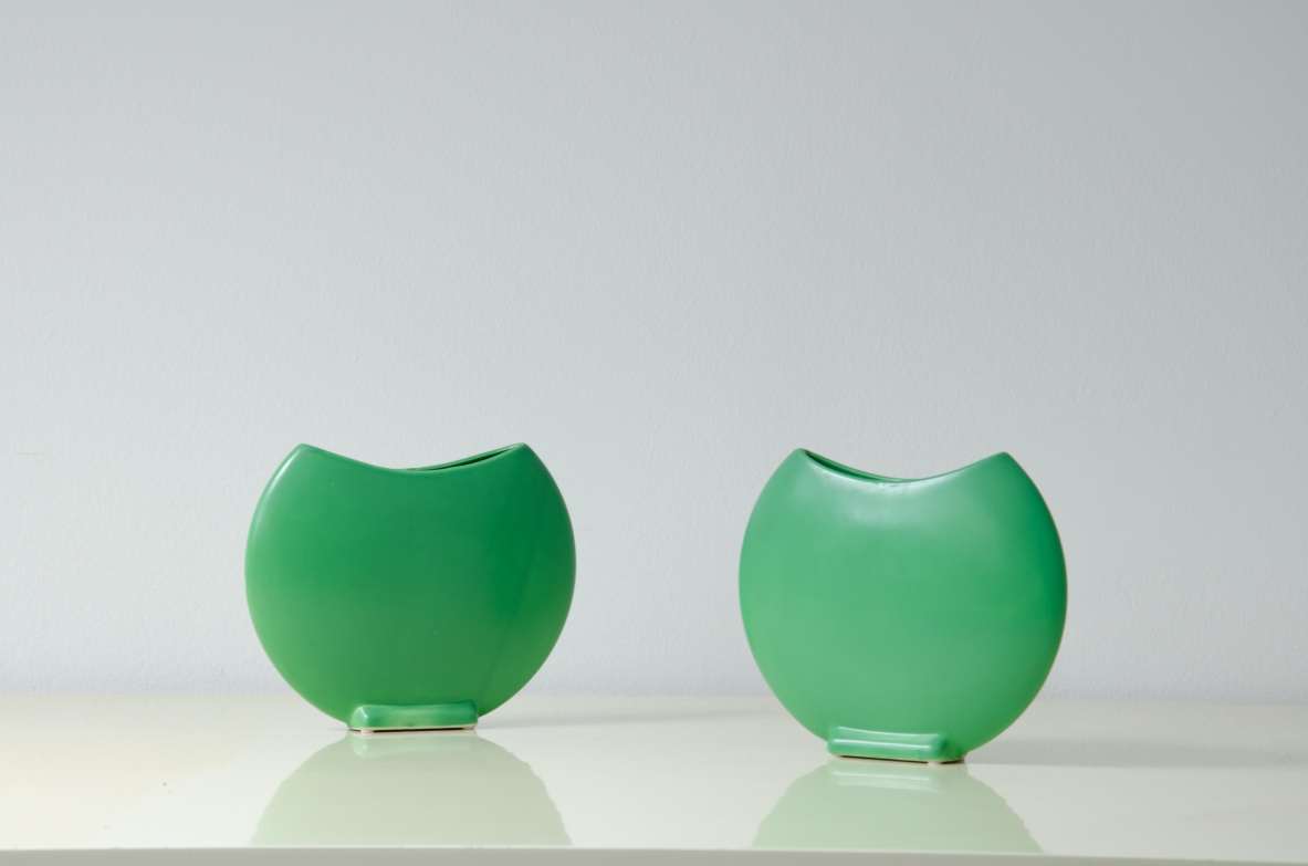 Pair of colored ceramic vases.  France 1960s.