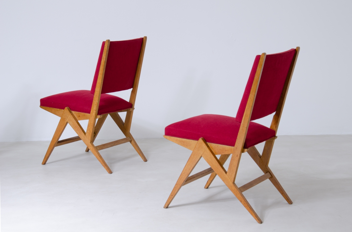 Set of six chairs in Oak with red fabric upholstery, France, 1950's.