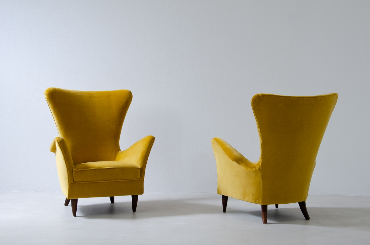 Pair of sculptural high back armchairs with velvet upholstery.  Italian manufacture, 1950s.