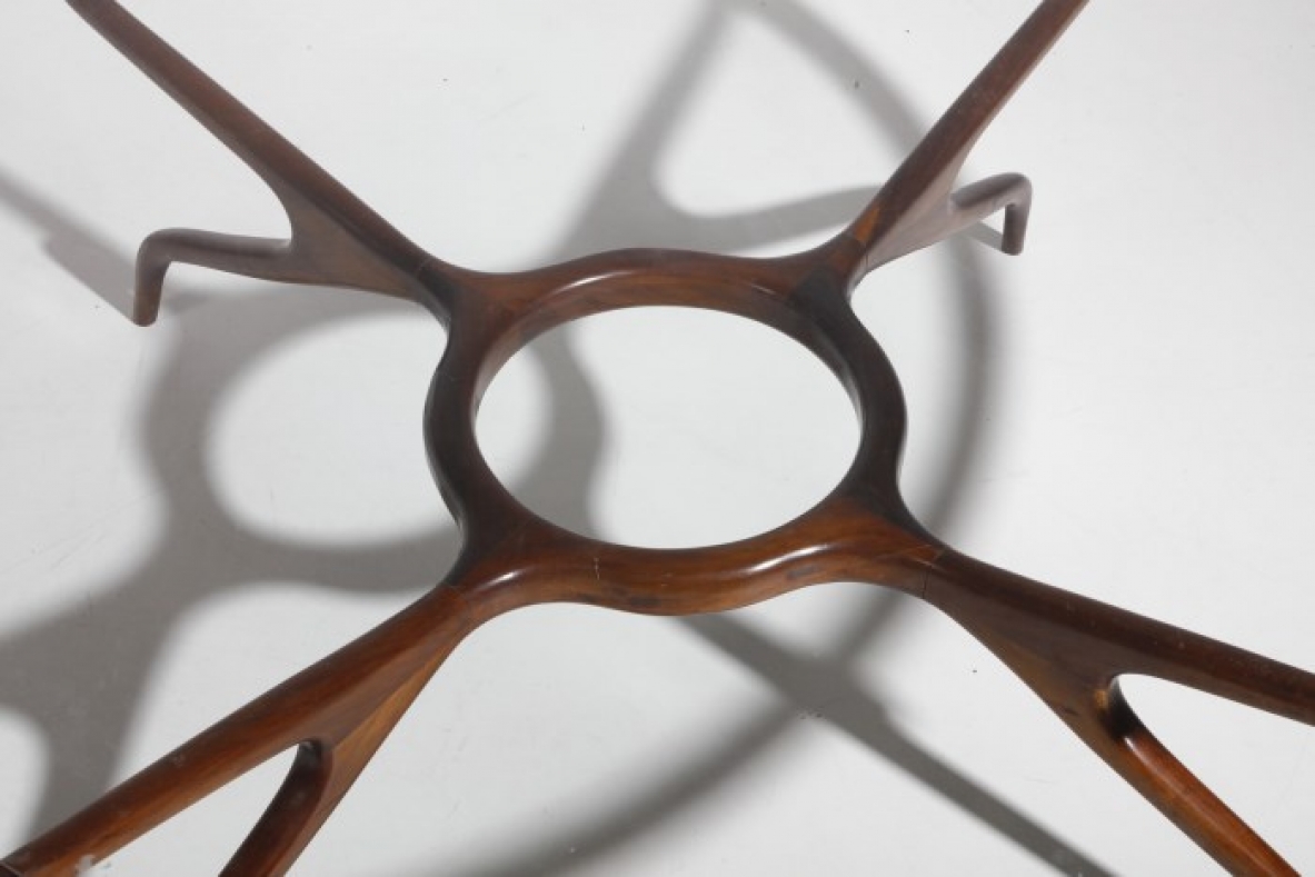 Giuseppe Scapinelli, large coffee table with organically shaped structure in rosewood and glass top, 1960s. 