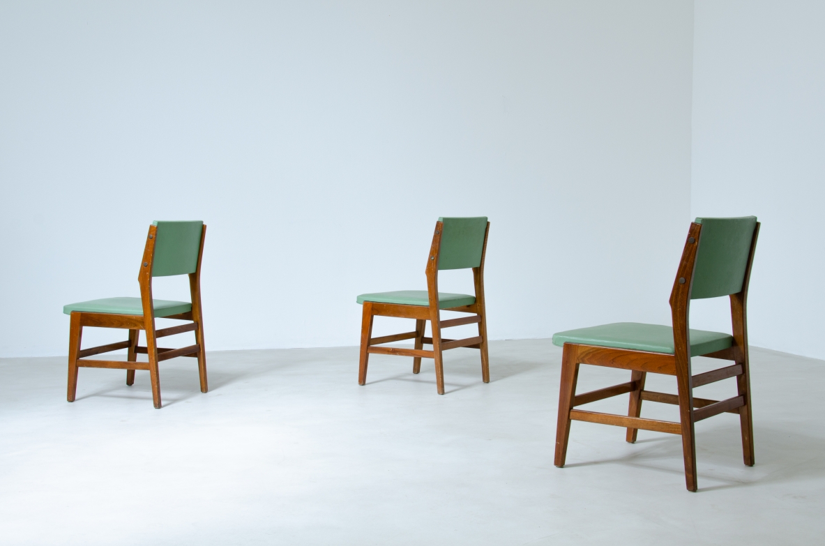 Six chairs with wooden structure and seat and back in padded fabric.  Attribution Gio Ponti 1950s.