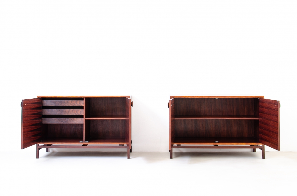Hans Hove & Palle Petersen  Pair of very refined rosewood sideboards with nice handles.  Shelves and drawers inside.  Denmark, 1960s. 