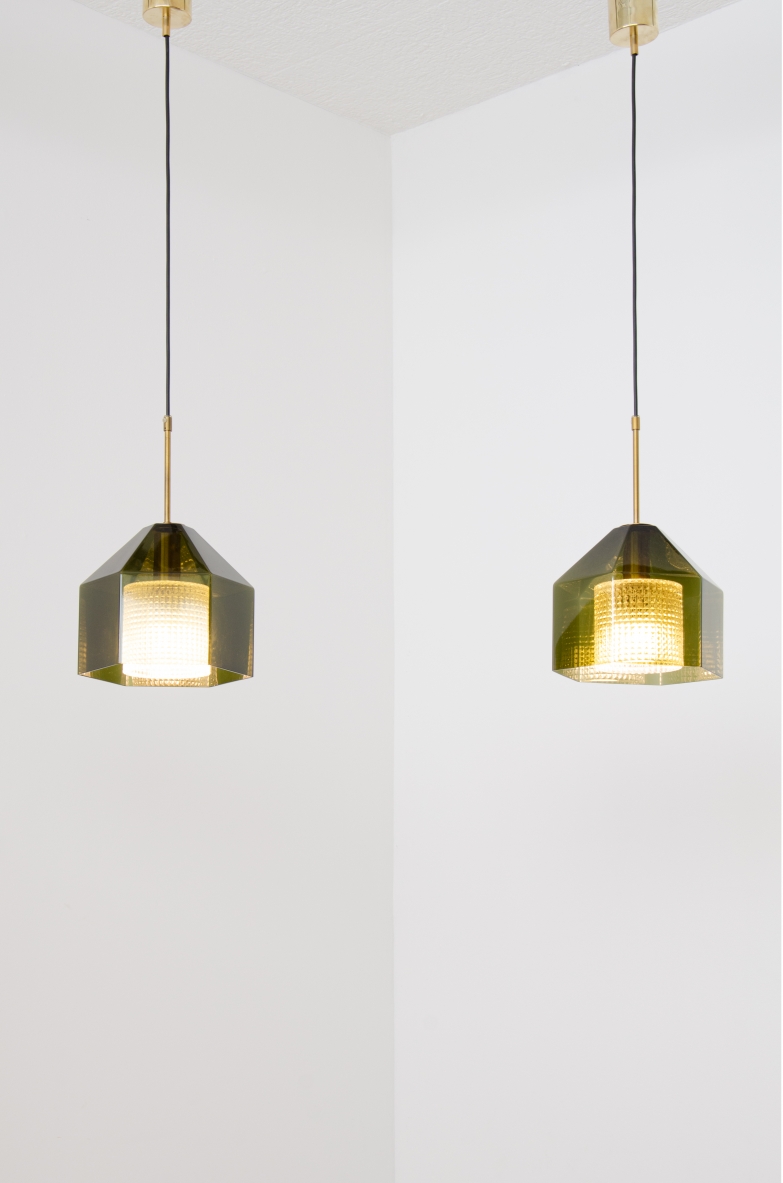 Carl Fagerhult, rare pair of small diamond-shaped chandeliers in gray / green ground glass with transparent glass crown inside and brass wire guide.  Orrefos production, Sweden, 1960s.