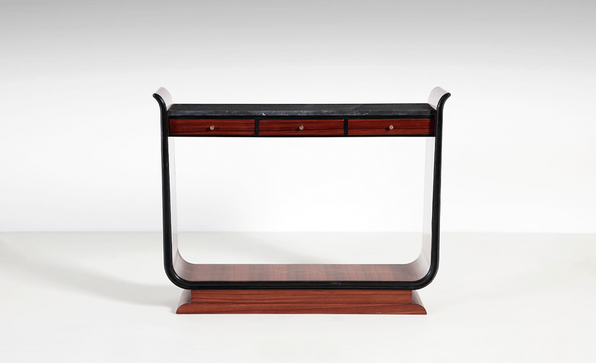 Vittorio Dassi, Italian 1940's console table in rosewood and boxwood with three drawers on front and marble top.