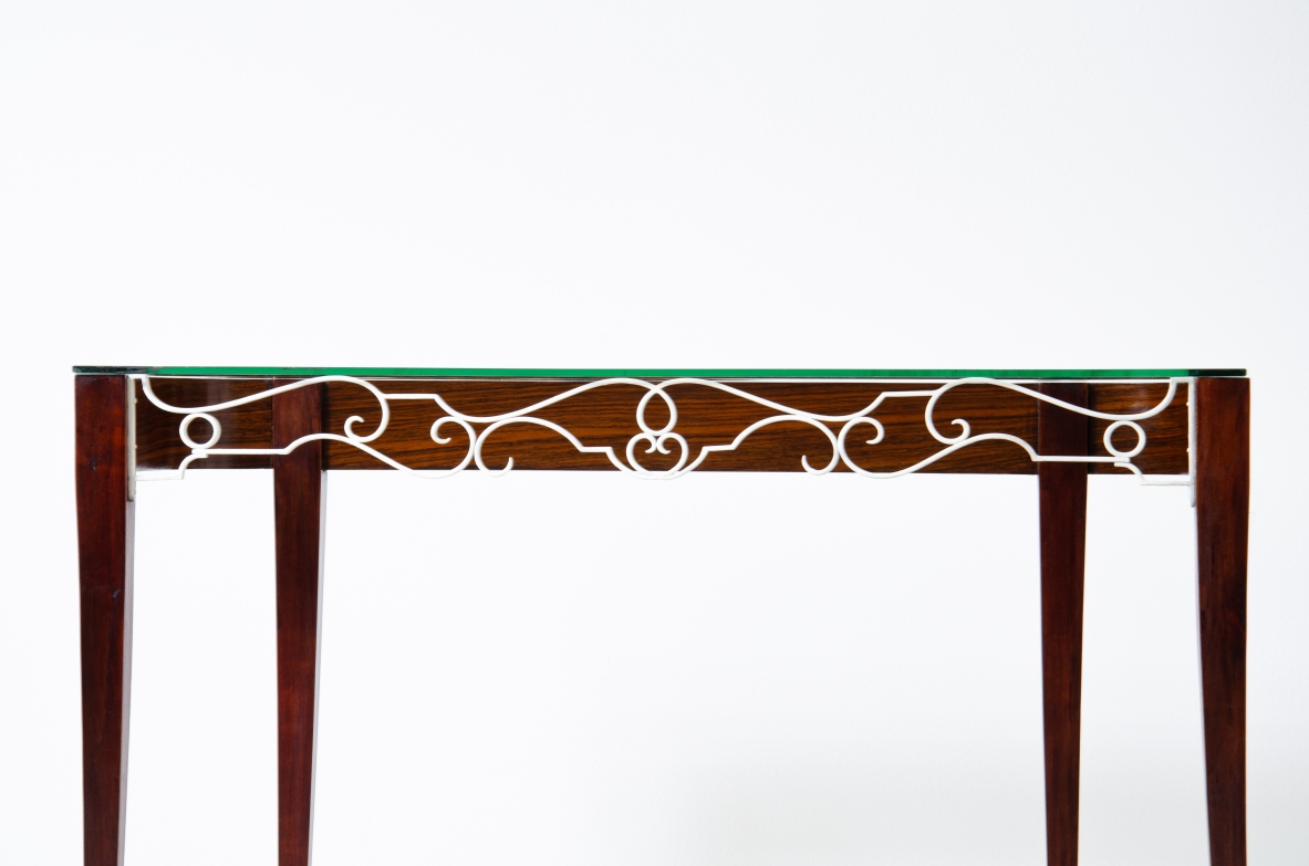 Fabrizio Clerici  Rosewood console with wrought iron front, glass top and brass tips.  Italian manufacture, 1950's.