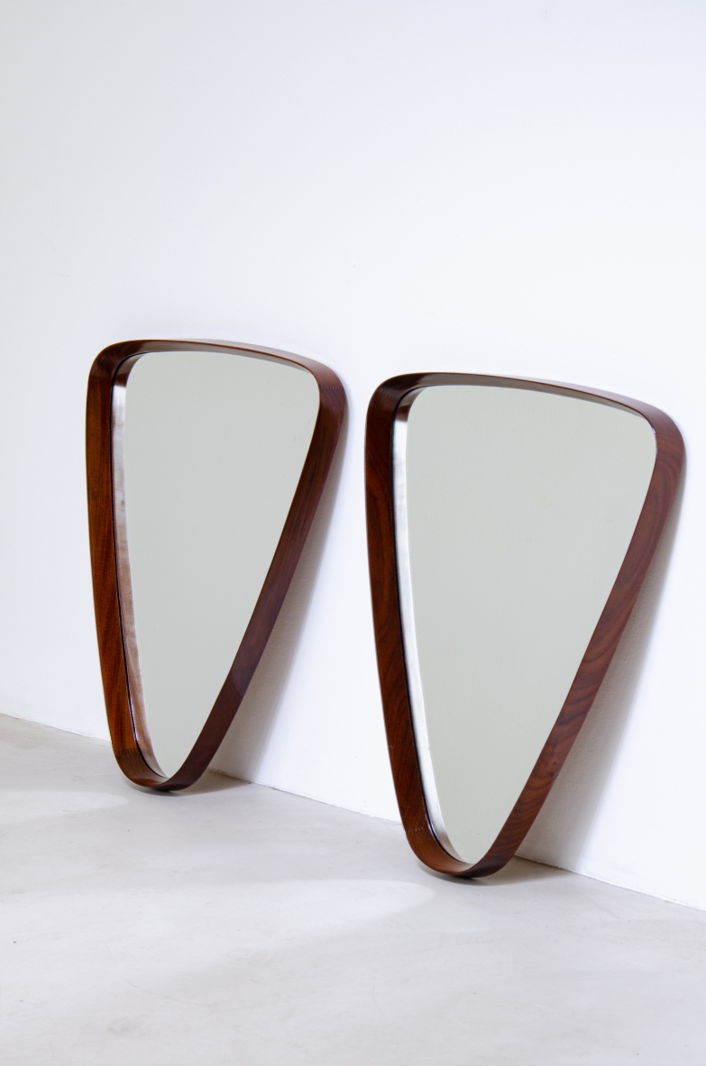 Pair of triangular teak mirrors. Denmark, 1960s