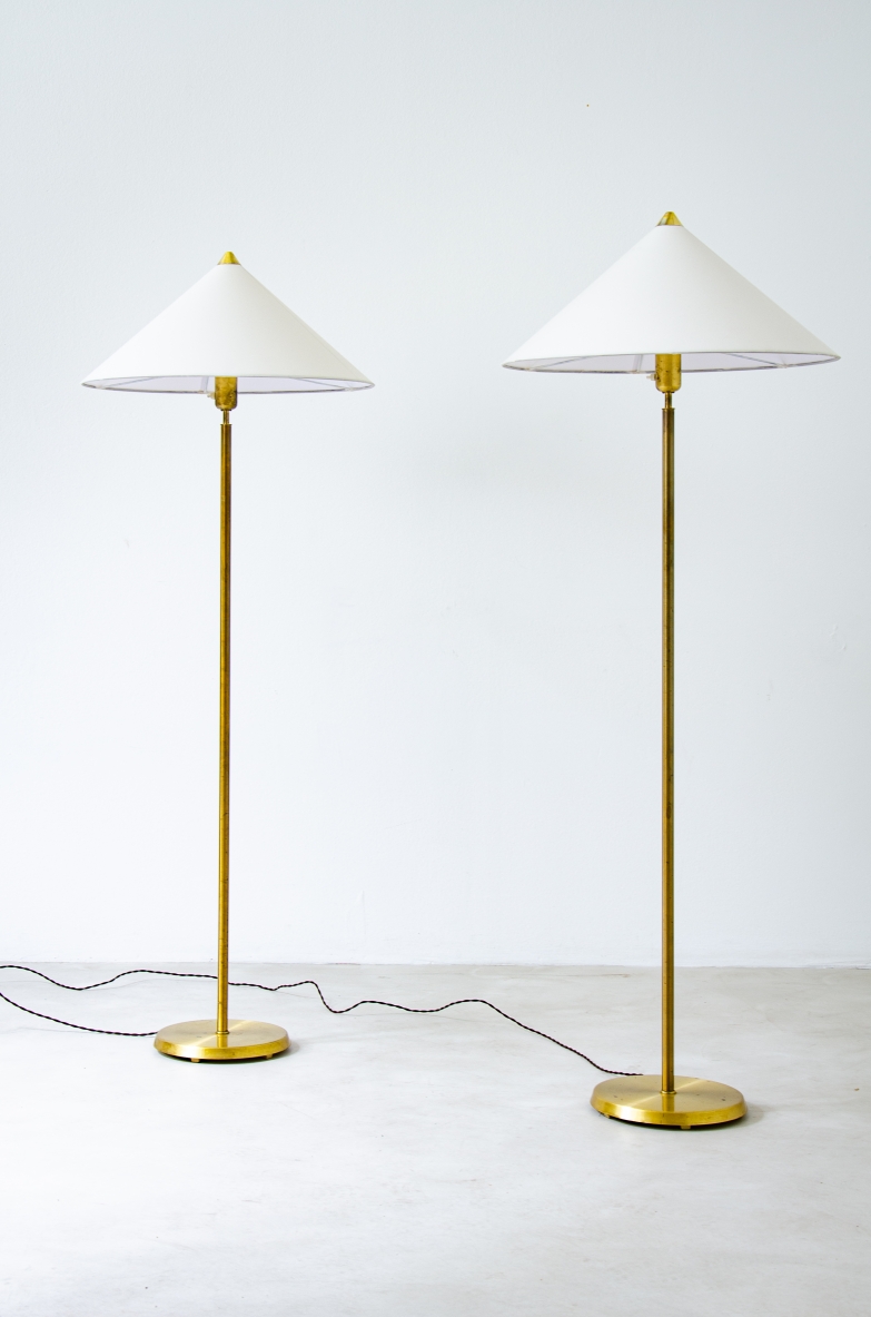 Pair of Swedish floor lamps in brass and fabric lampshade.  Produced by ASEA.  Sweden, 1940s