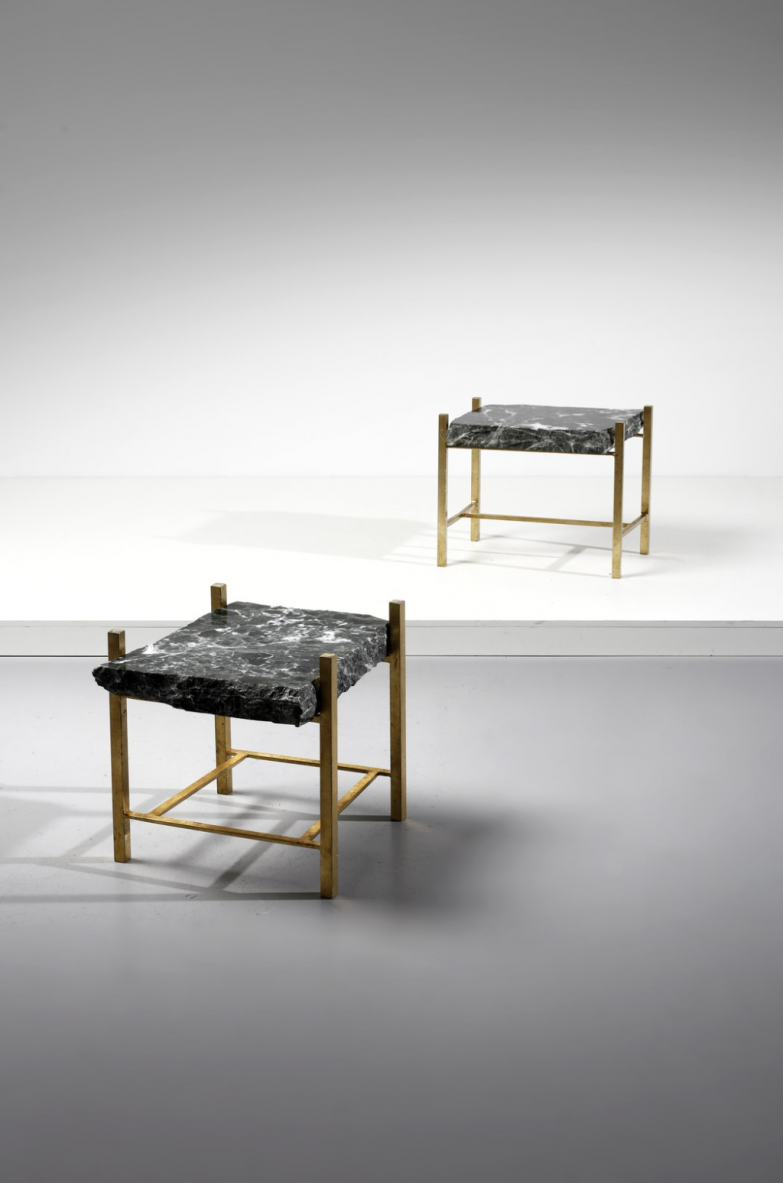 Elegant pair of coffee tables with brass structure and top in thick marble split on the hole perimeter.  French manufacture, 1970's.