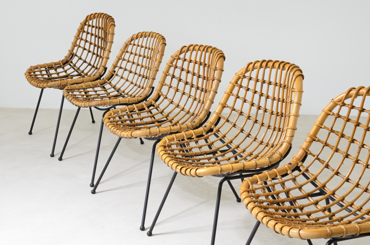 Gian Franco Legler. Set di otto sedie in rattan curvato e tondino di ferro, 1960ca