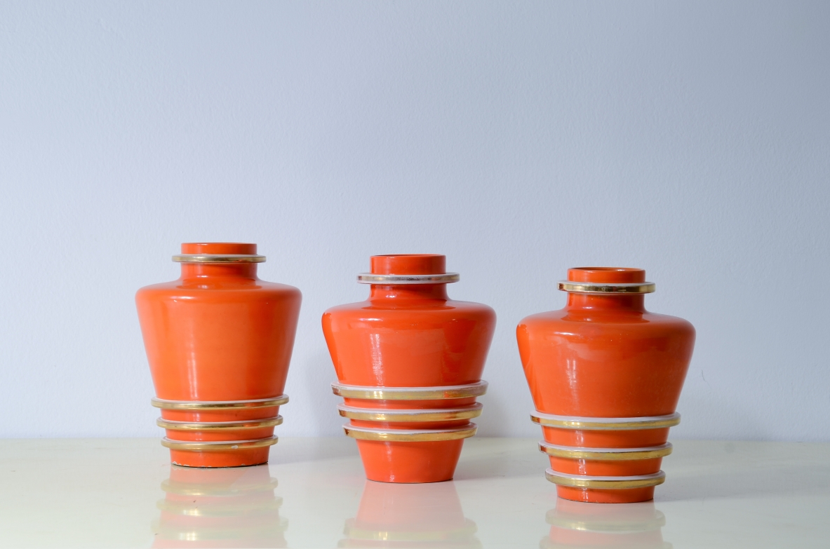 Ceramiche Rometti  Set di 3 vasi con filatura tridimensionale in oro. Manifattura Umbertide 1940ca.