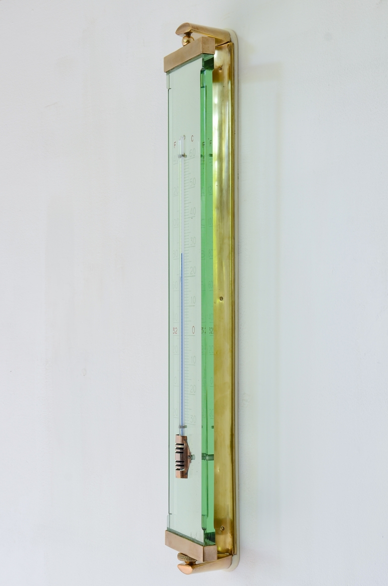 Fontana Arte Milano  Large Nile green ground glass thermometer with brass structure.  Manufactured in the 40s/50s.