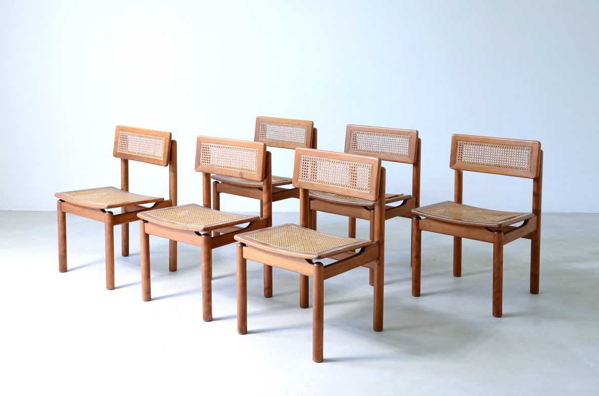 Set di 6 sedie in legno chiaro con seduta e schienale in paglia di Vienna.  Manifattura italiana 1960ca.