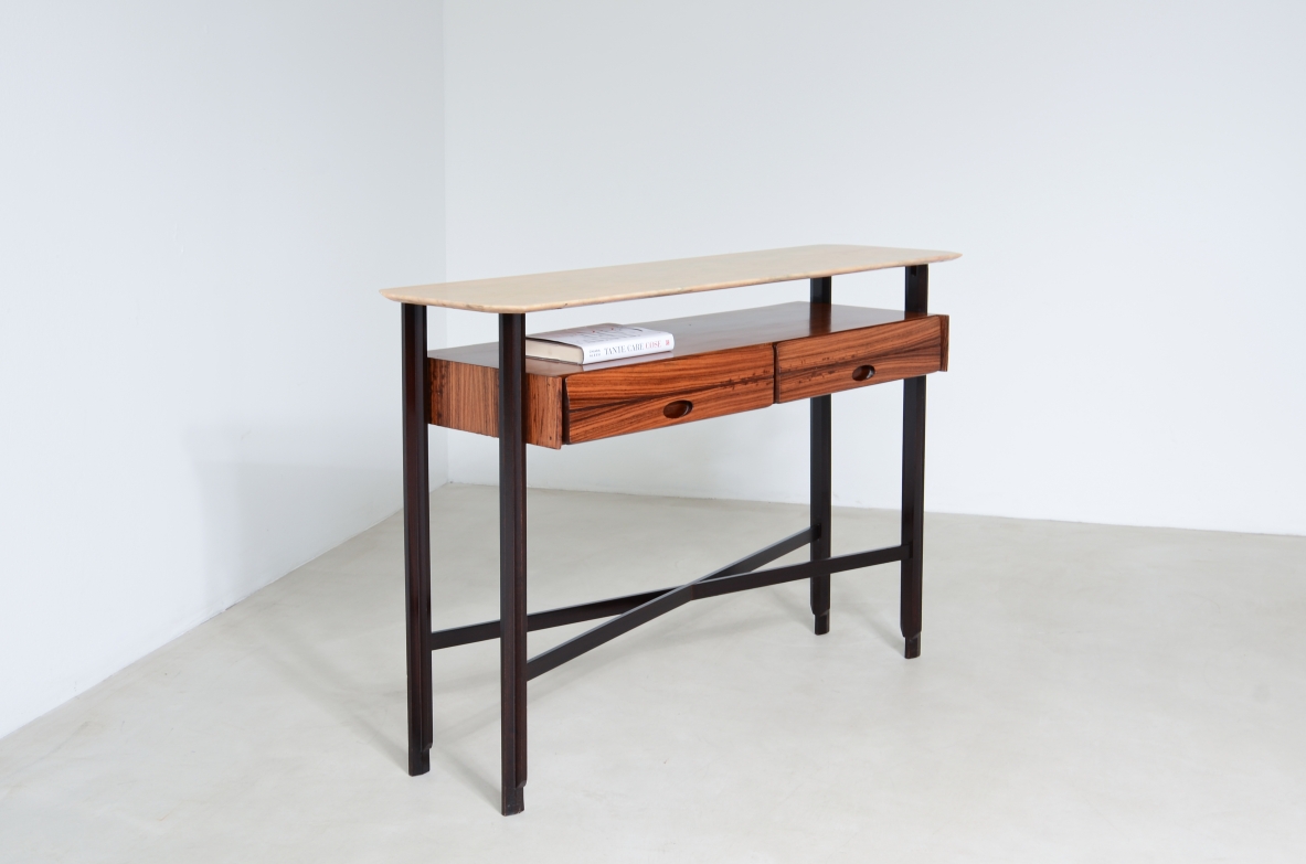 Elegant teak console with marble top and two drawers.  Italian manufacture, around 1960's.